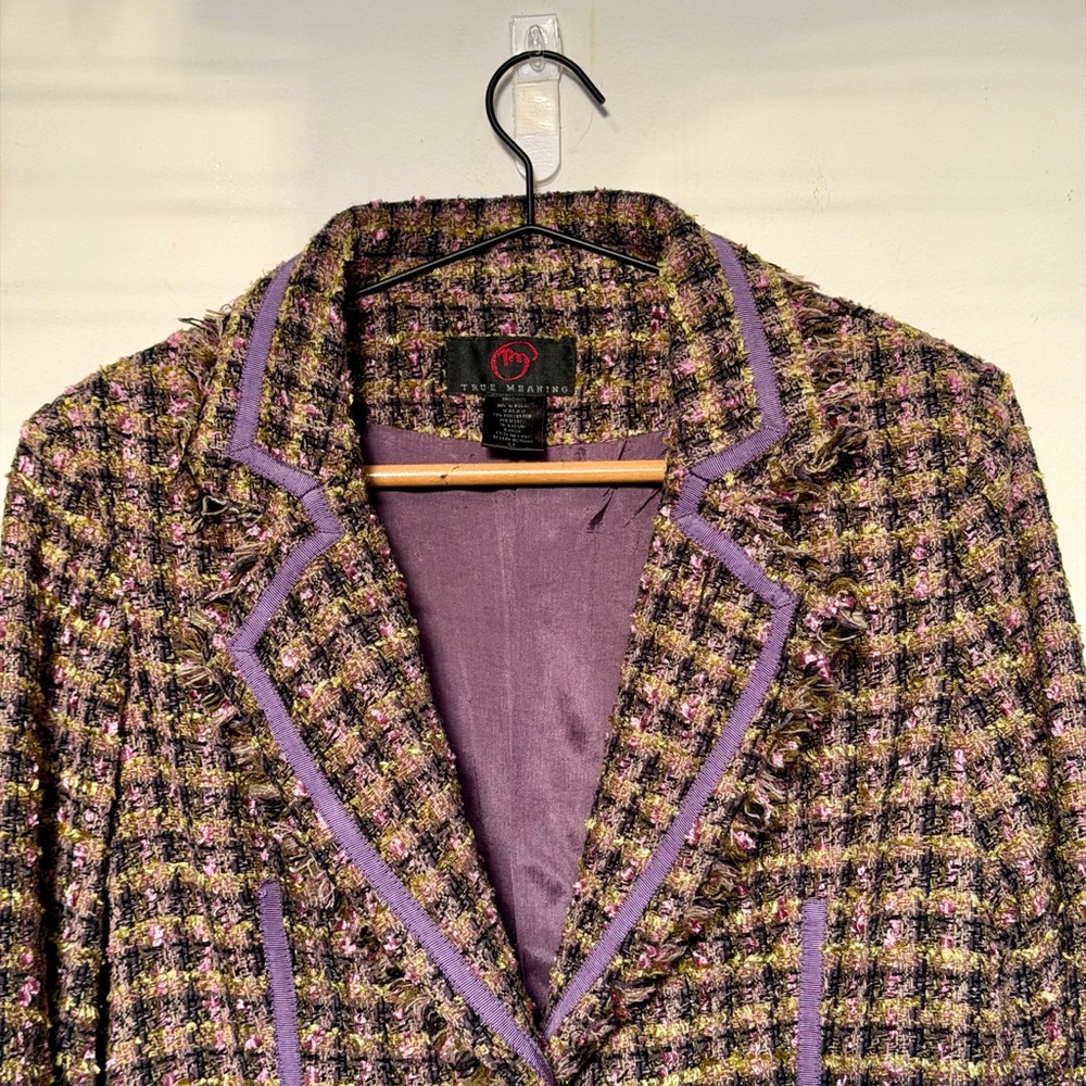 💜✨ True Meaning Tweed Blazer Purple Bouclé Frayed Trim Size M - Picture 2 of 8